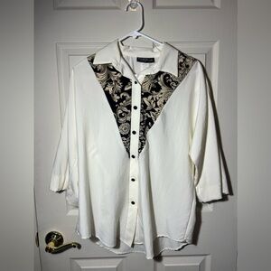 My Kinda Gal Vintage Cream Blouse Black Paisley Shoulder Pads Made in USA L